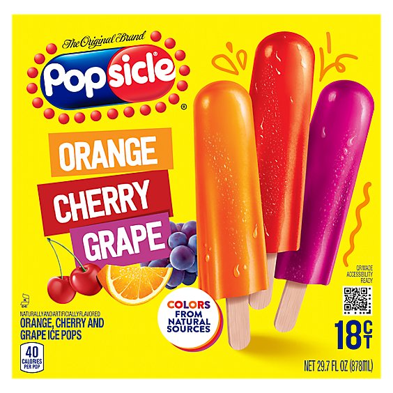 POPSICLE ICE POPS ORANGE CHERRY GRAPE 18P